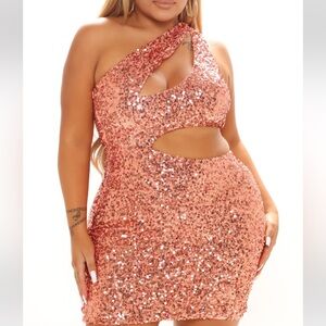 Fashion Nova One Shoulder Sequin Dress in Pink